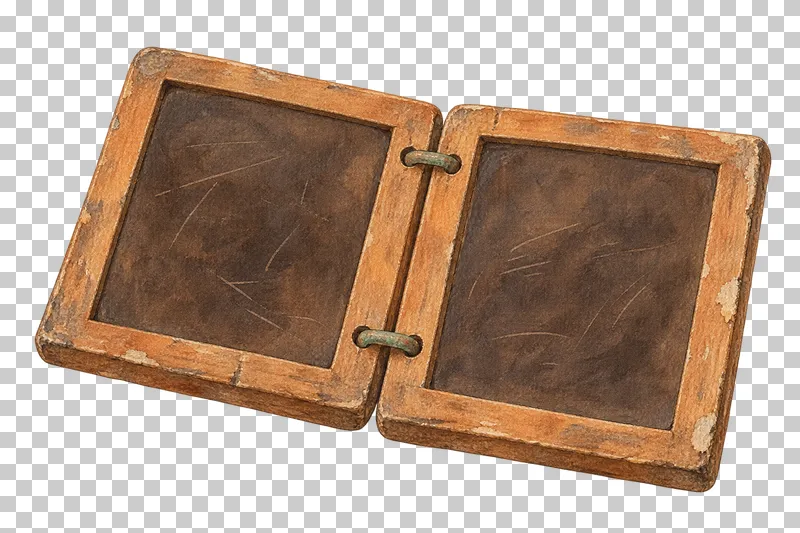 A watercolor pair of open wooden wax tablets with recessed blank writing surfaces.