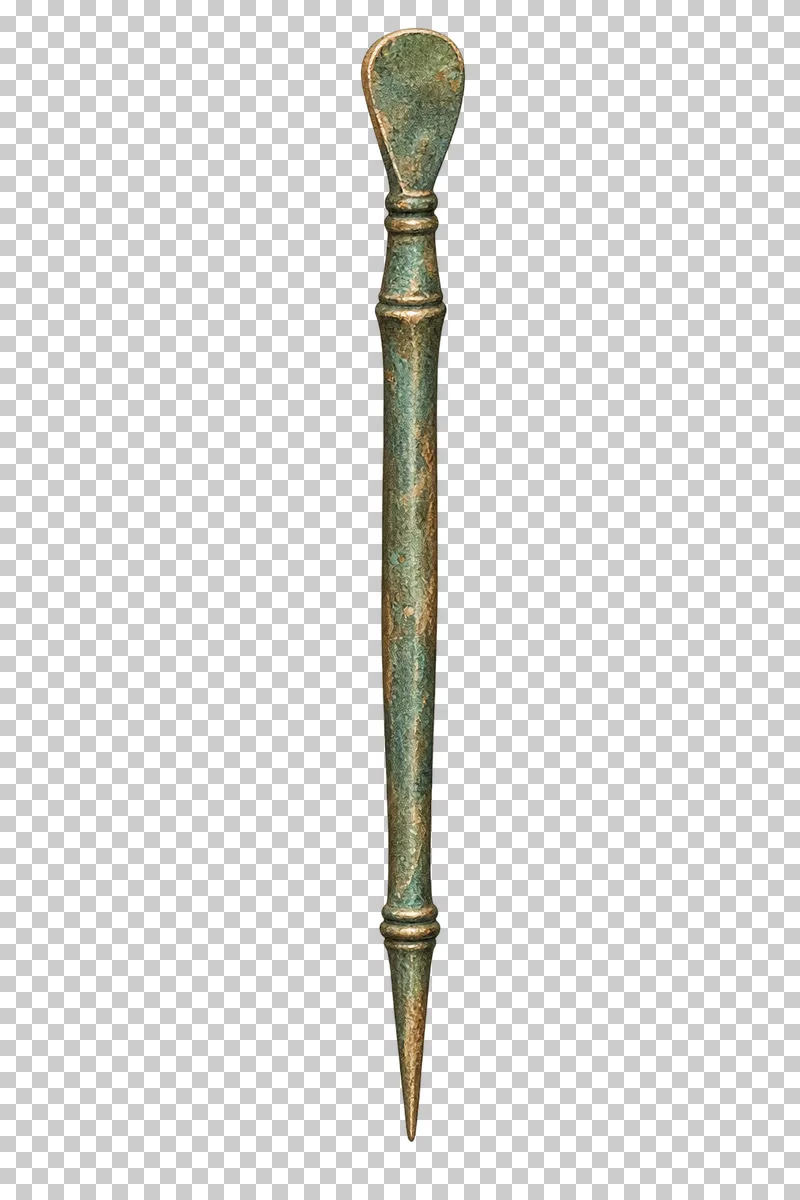 A watercolor slender metal stylus with a pointed writing tip and a flat erasing end.