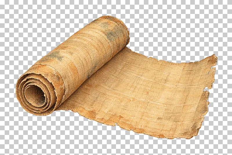 A watercolor partly unrolled papyrus with a curled end and a blank warm ochre surface.