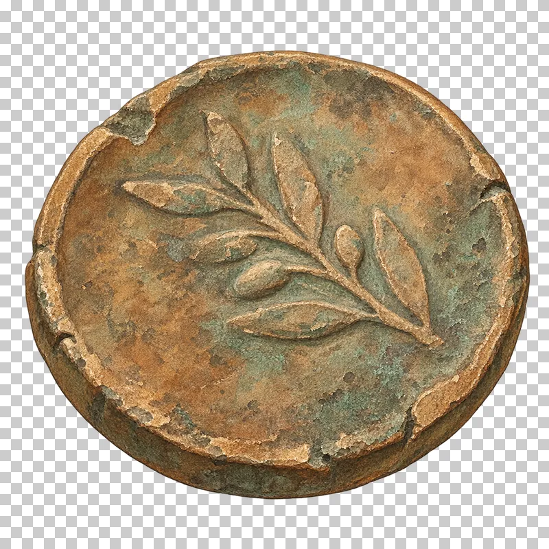 A watercolor single worn bronze coin with a faint decorative branch and no lettering.