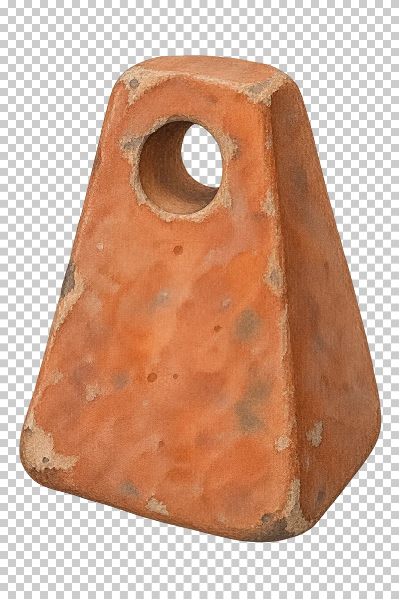 A watercolor ceramic loom weight with a tapered body and a suspension hole.