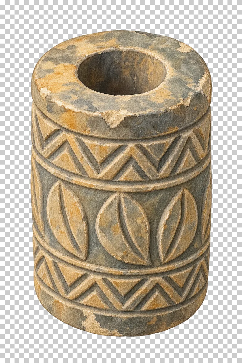 A watercolor stone cylinder seal with carved geometric decoration and an axial bore.