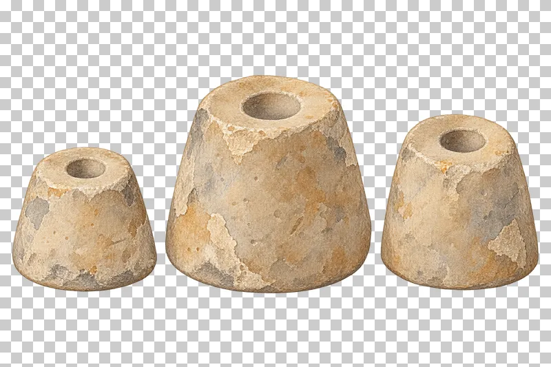 A watercolor set of three separate stone weights with rounded worn surfaces.