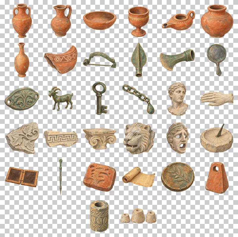 Watercolor Archaeological Finds PNG Collection: all 32 elements in one grid