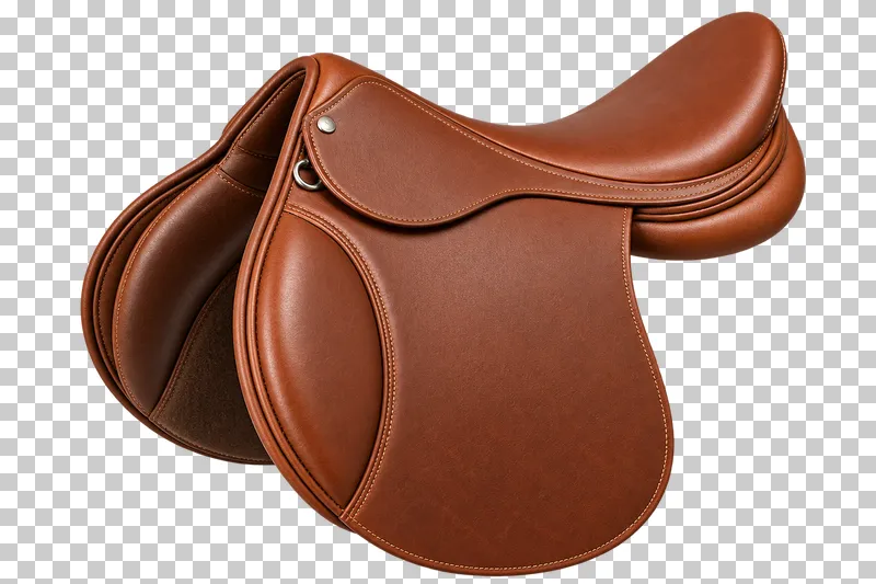 A cognac brown all-purpose saddle with leather flaps, visible stitching and a deep curved seat.