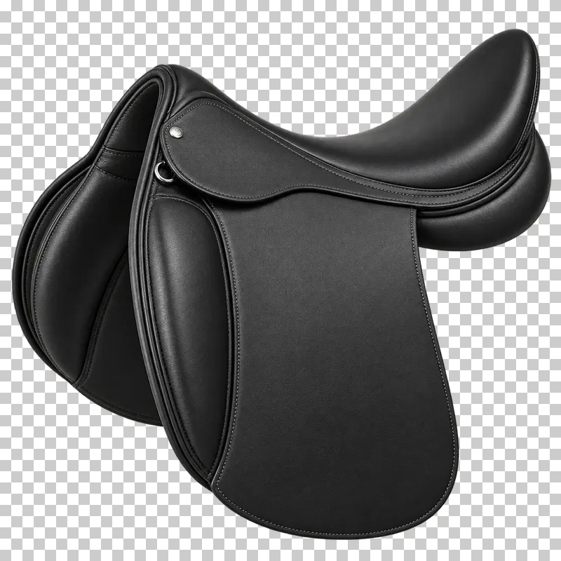 A black leather dressage saddle with long flaps and a deep seat.