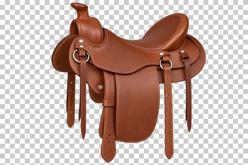 A cognac brown Western saddle with a horn, raised cantle, layered skirts and leather straps.