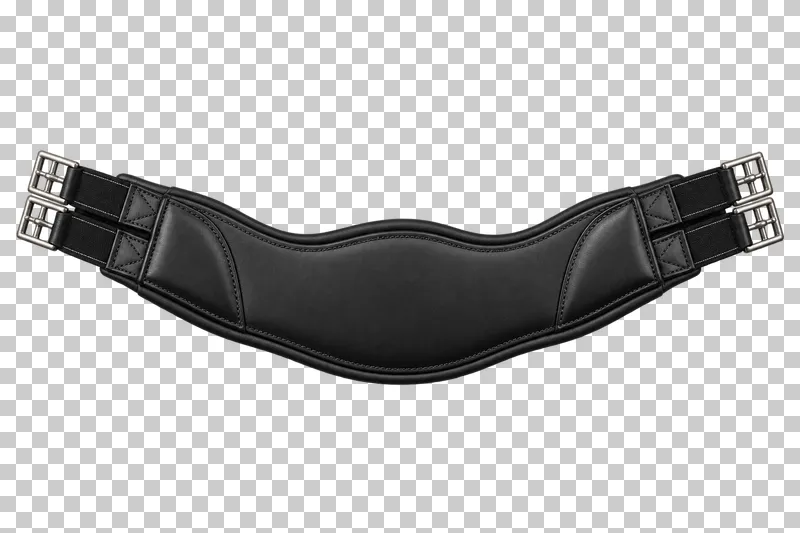 A curved black leather girth with stitched edges and steel buckles at both ends.