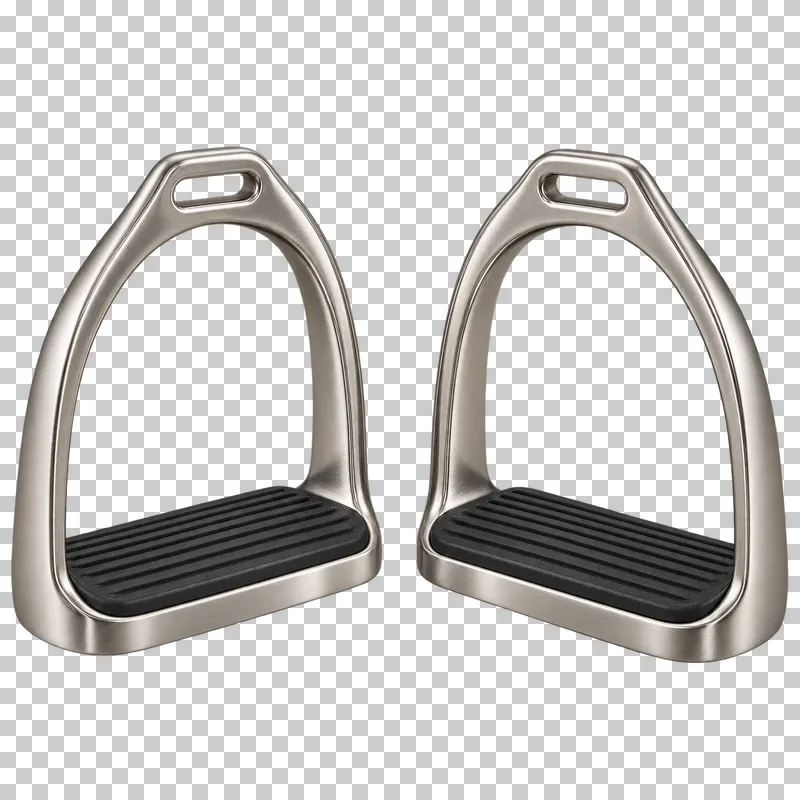 A matching pair of brushed steel stirrups with black ribbed footbeds.