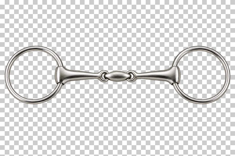 A brushed steel snaffle bit with two rings and a jointed mouthpiece.