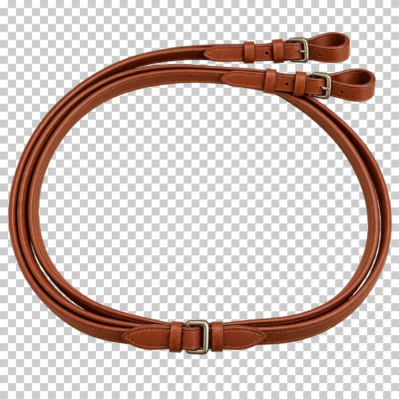 Cognac leather reins arranged in a loose loop with stitched edges and buckle fittings.