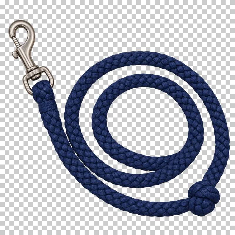 A navy braided lead rope coiled beside its steel snap hook.