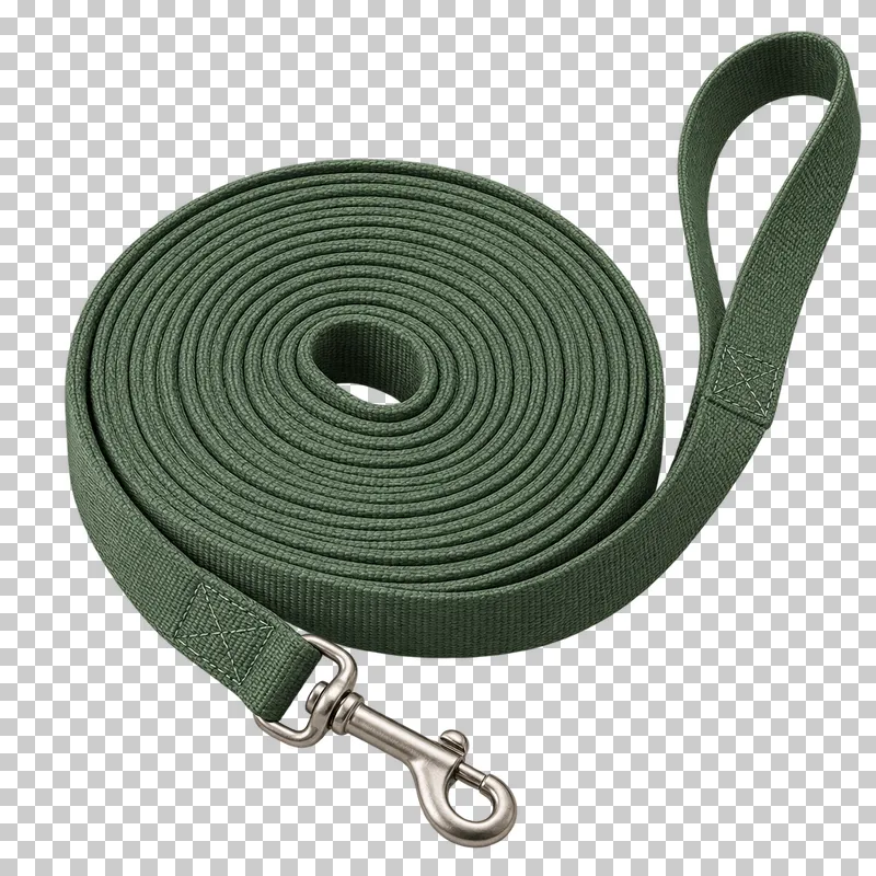 A muted green lunge line rolled into a flat coil with its handle and steel clip visible.