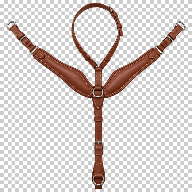 A cognac leather breastplate with a central junction, neck loop and adjustable straps.