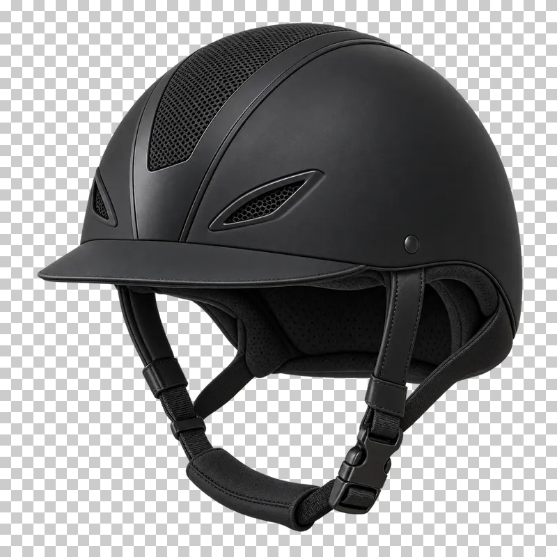 A black riding helmet with ventilation details, a short brim and chin strap.