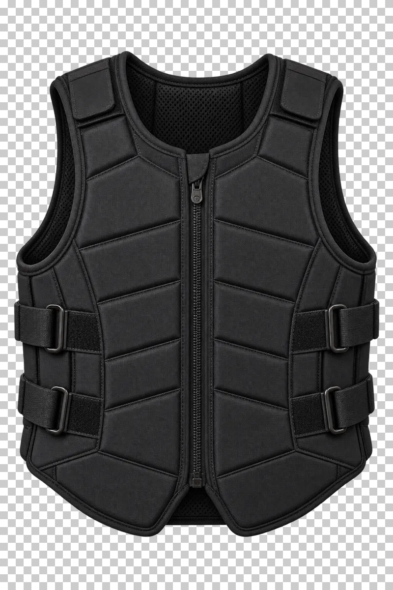 A black protective riding vest with articulated panels and adjustable side closures.