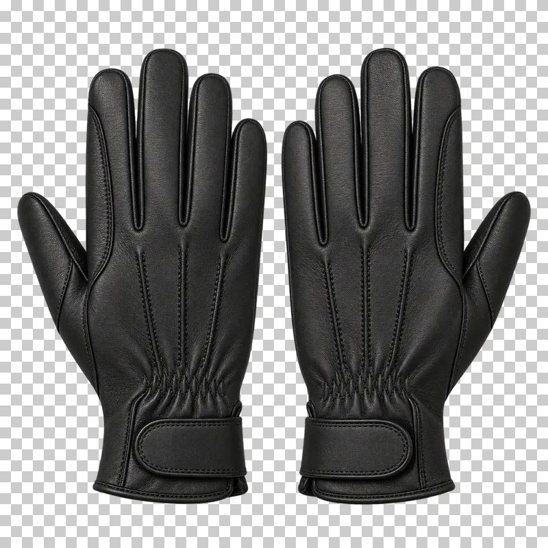 A matching pair of black riding gloves with stitched fingers and fitted cuffs.
