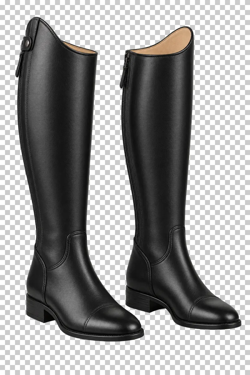 A matching pair of tall black leather riding boots with shaped shafts and low heels.