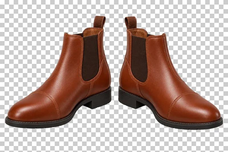 A matching pair of cognac leather paddock boots with elastic side panels and low heels.
