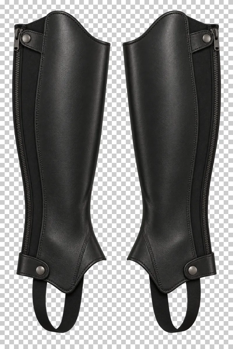 A matching pair of black half chaps with shaped panels and intact foot loops.