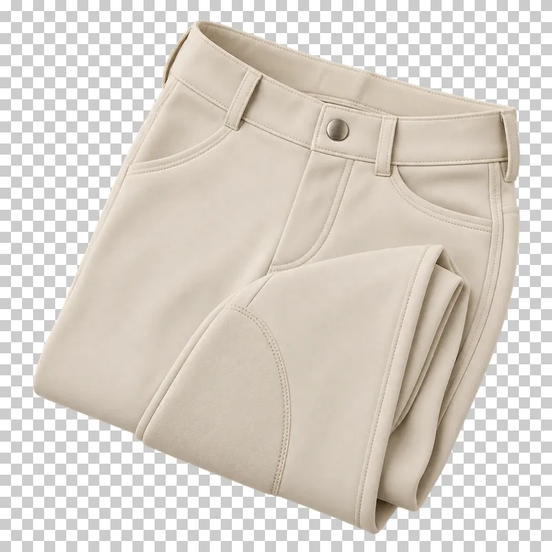 Cream riding breeches neatly folded with their waistband and belt loops visible.