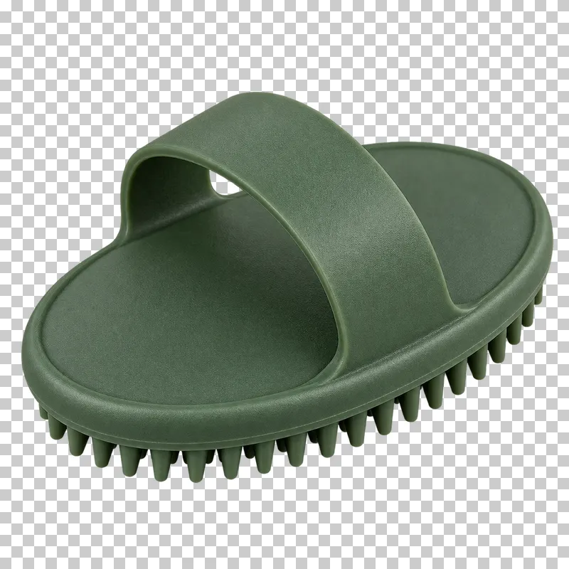A muted green oval rubber curry comb with a hand strap and flexible teeth.