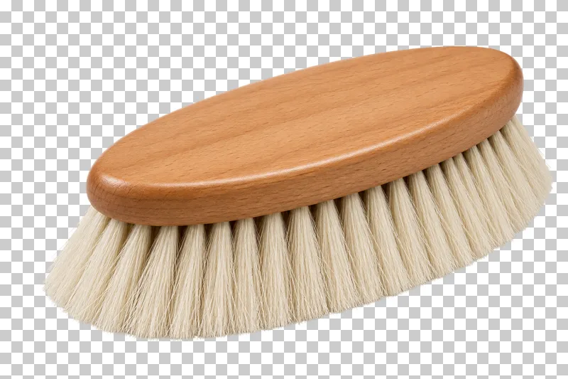 A wooden dandy brush with dense cream bristles and a smooth oval back.