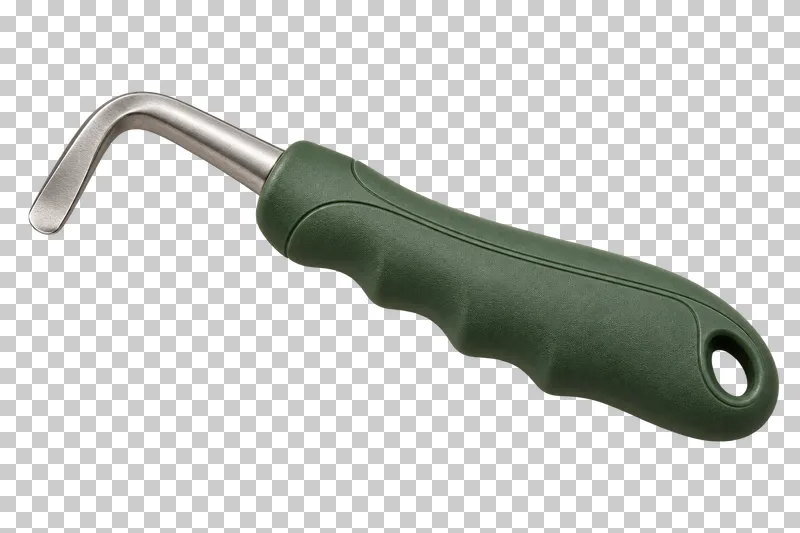 A hoof pick with a muted green textured handle and bent steel tip.