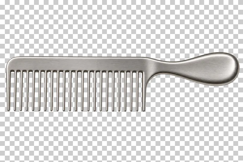 A brushed steel mane comb with evenly spaced teeth and a curved handle.