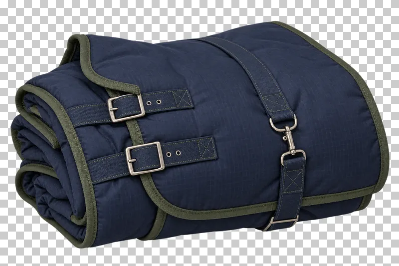 A navy horse rug neatly folded with muted green binding, straps and steel buckles.