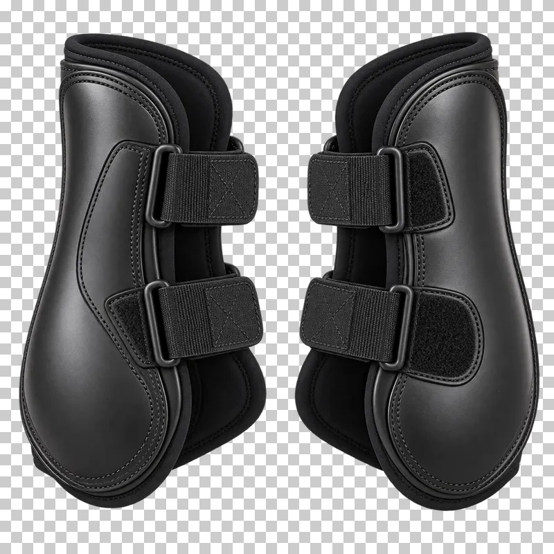 A matching pair of black tendon boots with shaped shells, padded interiors and fastening straps.