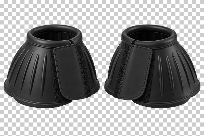 A matching pair of black bell boots with ribbed rubber bodies and reinforced closures.