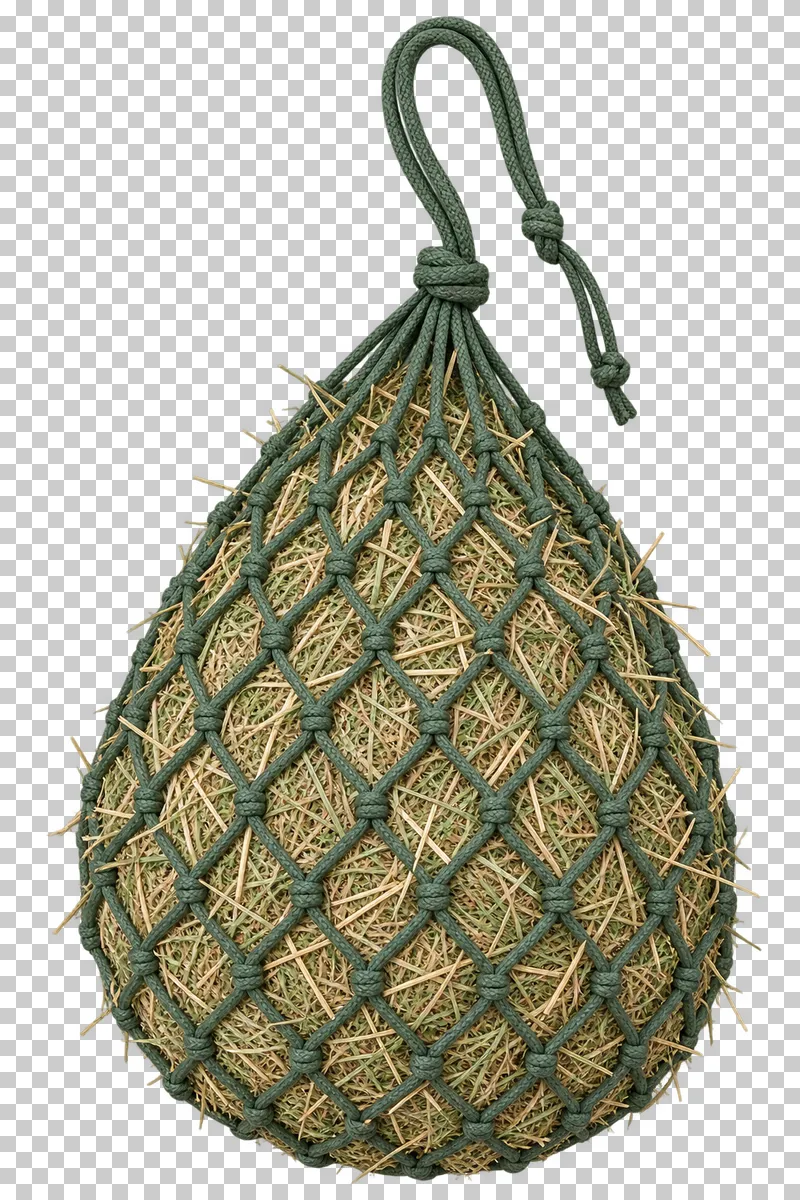 A muted green knotted hay net filled with natural hay, with complete cords, tie rope and protruding stems.