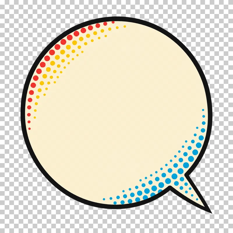 A blank cream round speech bubble with a short lower-right tail, a bold black outline and red, yellow and blue edge halftone.