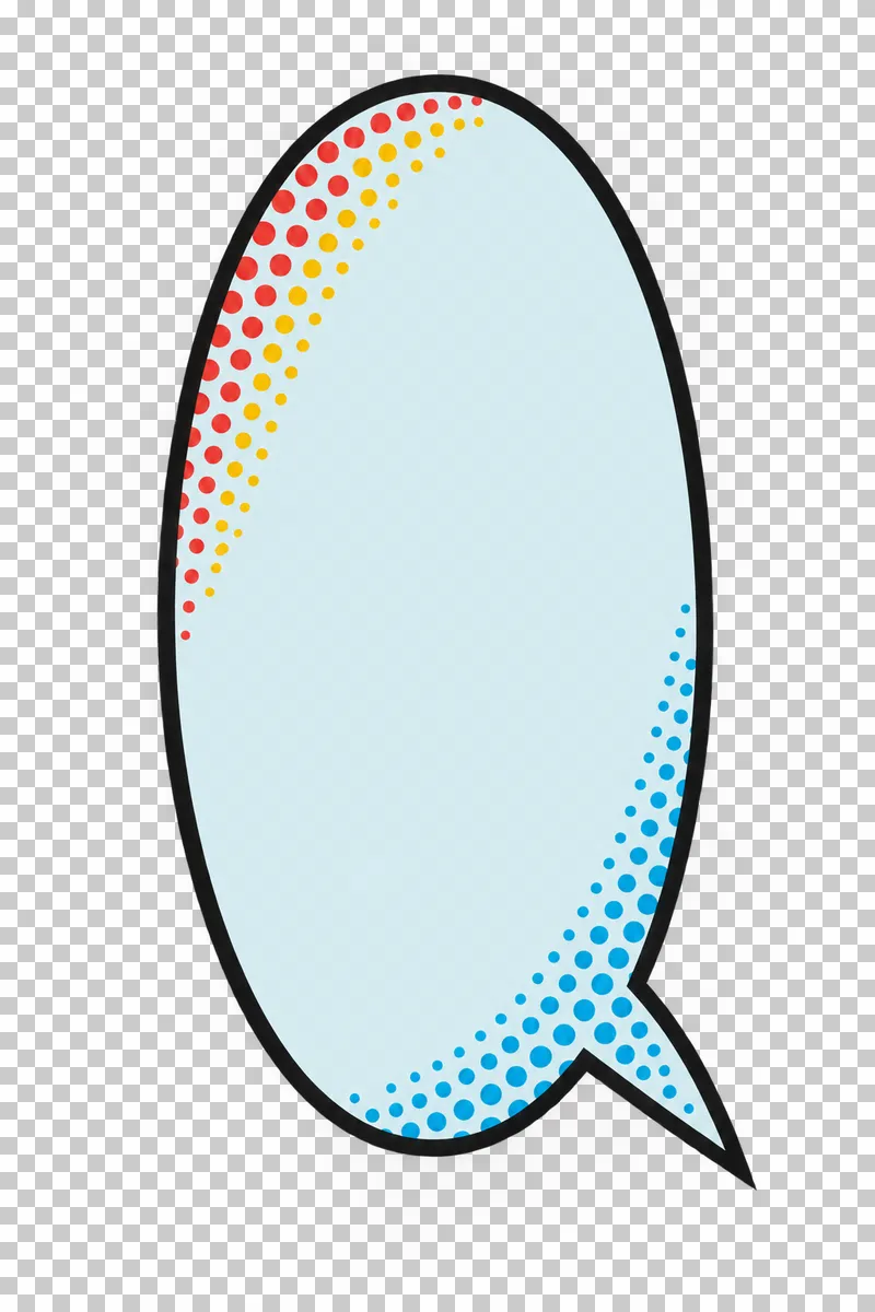 A blank pale-blue tall oval speech bubble with a lower-right tail, a bold black outline and red, yellow and blue edge halftone.