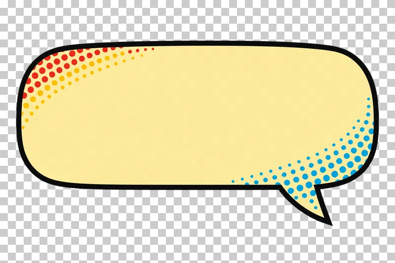 A blank pale-yellow rounded rectangular speech bubble with a lower-right tail, a bold black outline and colored edge halftone.