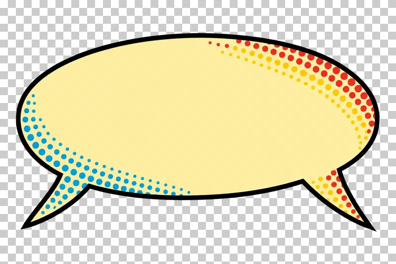 A blank pale-yellow oval speech bubble with two lower tails, a bold black outline and colored edge halftone.