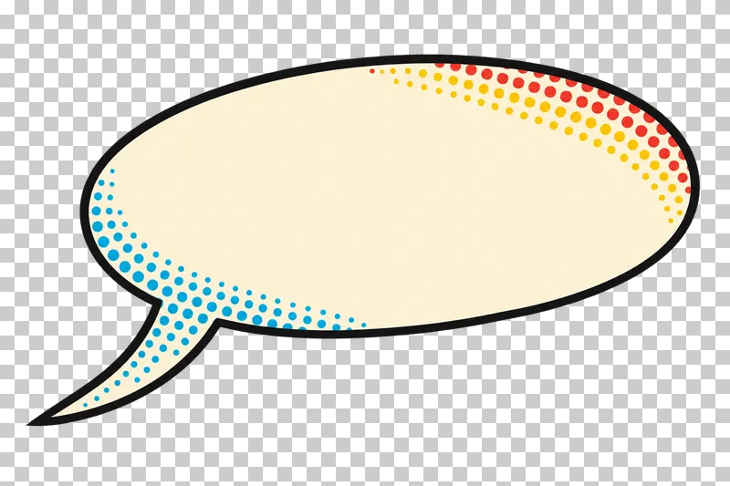 A blank tilted cream oval speech bubble with a long curved lower-left tail, a bold black outline and colored edge halftone.