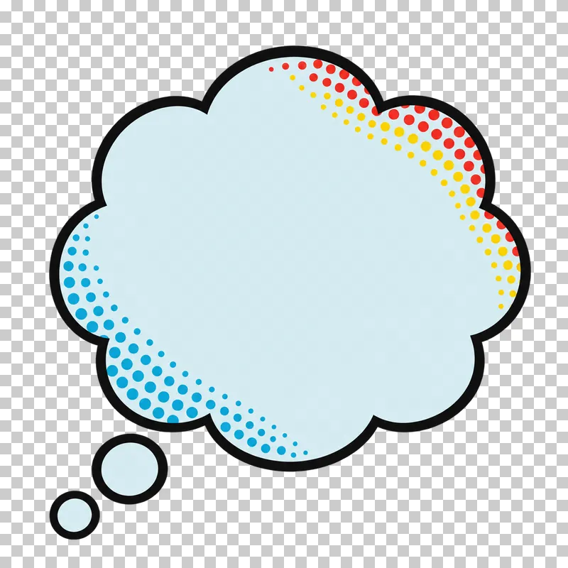 A blank round pale-blue thought cloud with two detached trail bubbles, a bold black outline and colored edge halftone.