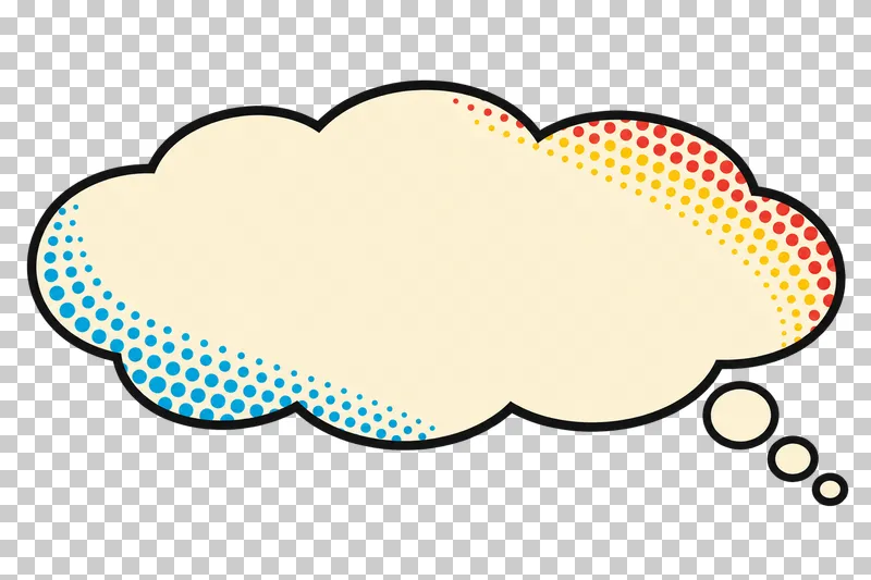 A blank wide cream thought cloud with three detached trail bubbles, a bold black outline and colored edge halftone.