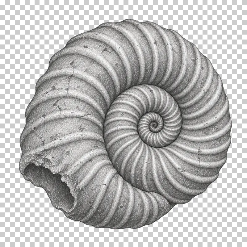 Graphite pencil study of a ribbed ammonite fossil with a continuous coiled shell.