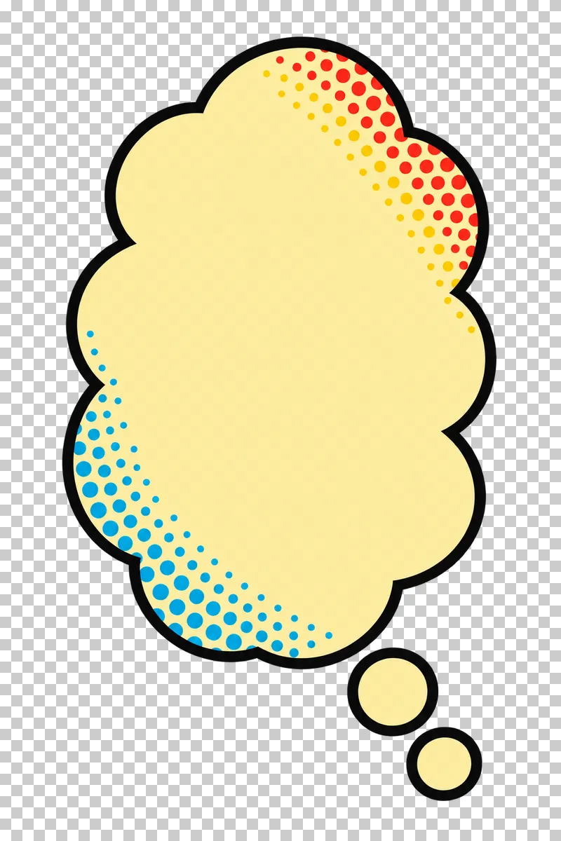 A blank tall pale-yellow thought cloud with two detached trail bubbles, a bold black outline and colored edge halftone.