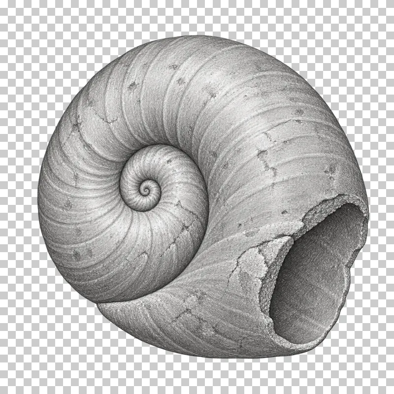 Graphite pencil study of a fossil nautilus shell with a broad rounded outer whorl.