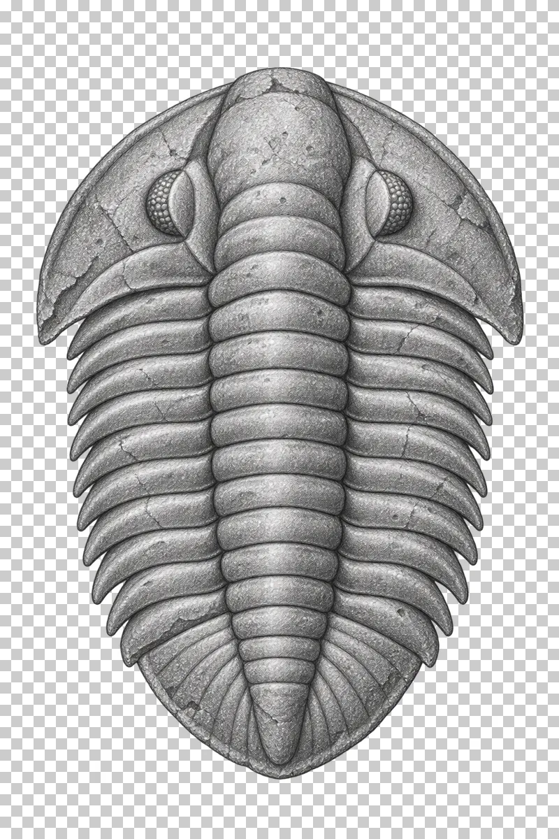 Graphite pencil study of a trilobite fossil with three lobes and articulated body segments.