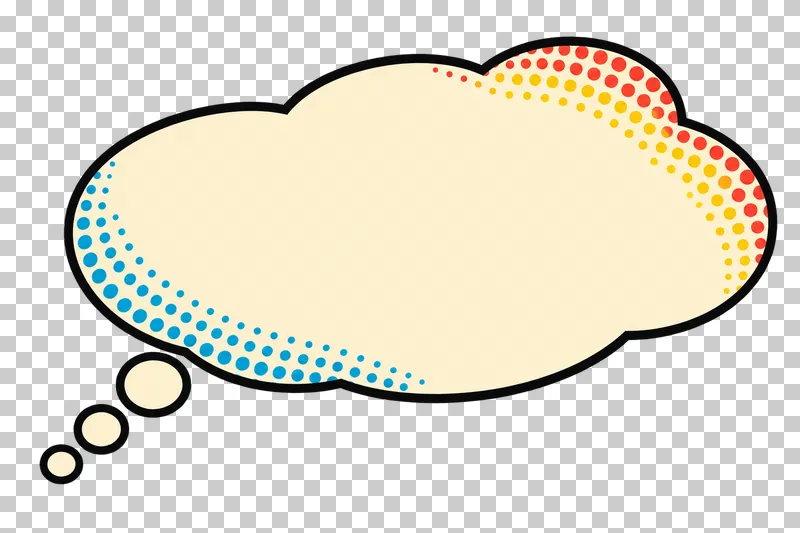 A blank asymmetric cream thought cloud with three detached trail bubbles, a bold black outline and colored edge halftone.