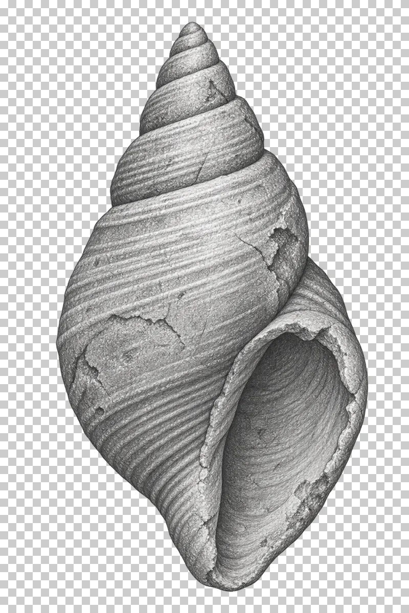 Graphite pencil study of a fossil gastropod shell with spiralling whorls and a single aperture.