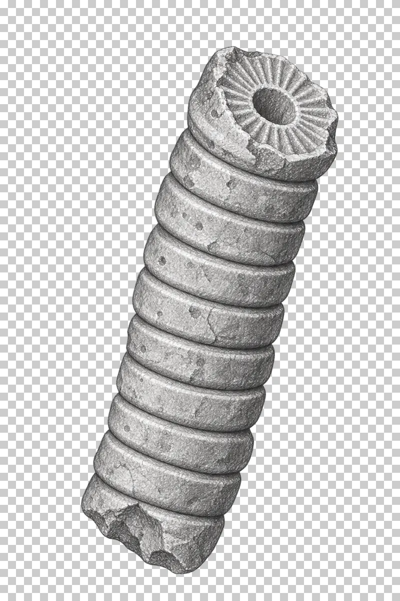 Graphite pencil study of a broken crinoid stem with stacked columnals and a central opening.