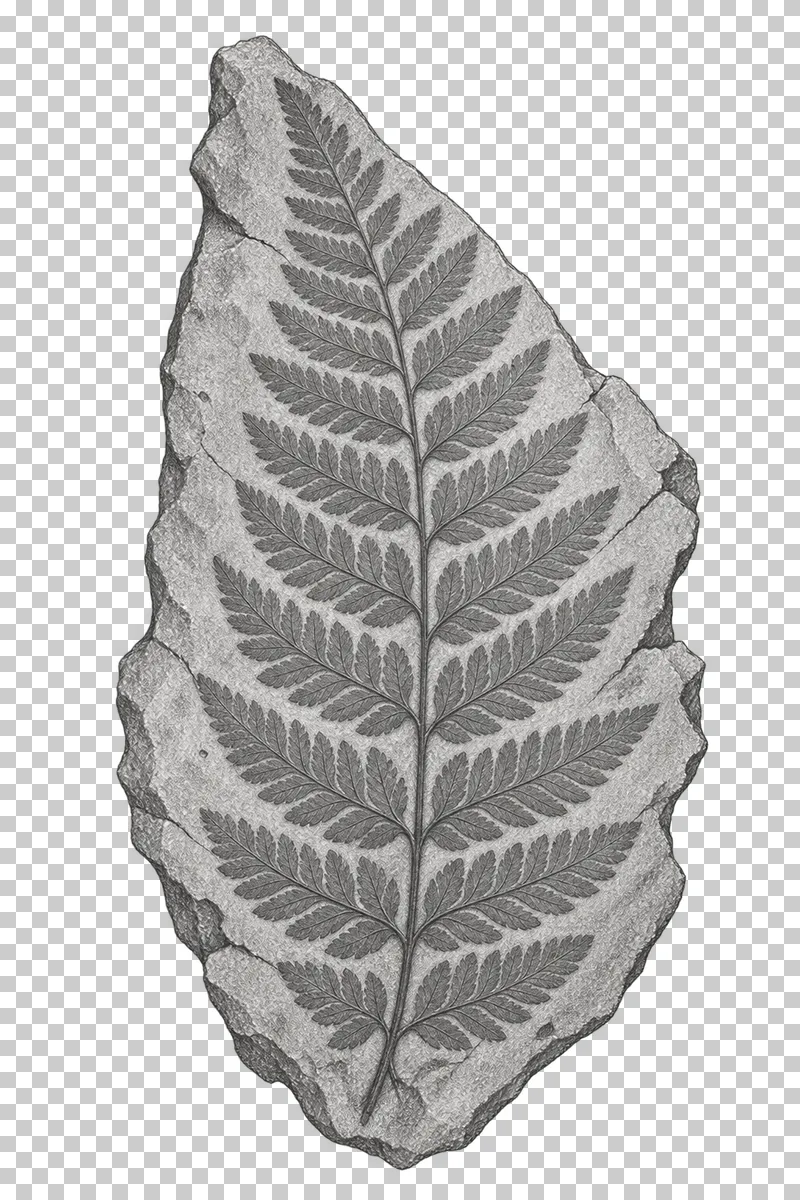 Graphite pencil study of a fern leaf impression in an irregular rock slab.