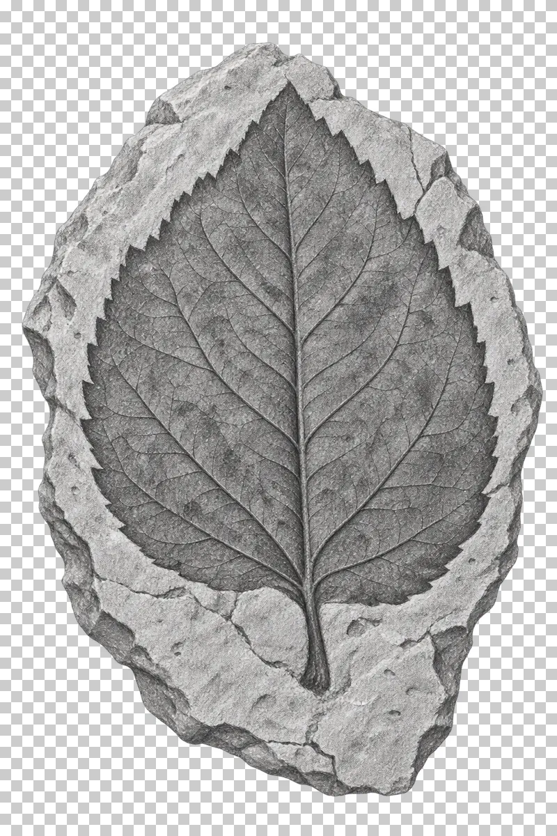 Graphite pencil study of a broad tree leaf impression with branching veins in stone.