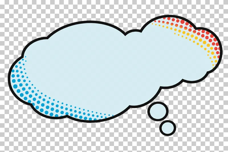 Two connected blank pale-blue thought clouds with two detached trail bubbles, a bold black outline and colored edge halftone.